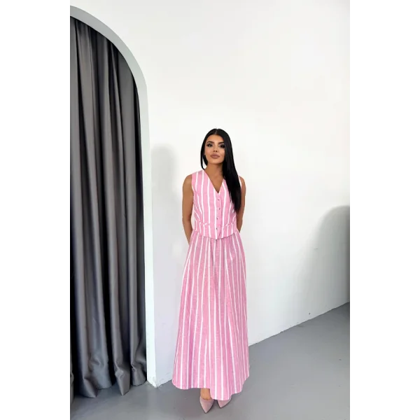 KETEN ÇİZGİLİ YELEK - UZUN ETEK TAKIM - Pembe