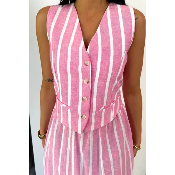 KETEN ÇİZGİLİ YELEK - UZUN ETEK TAKIM - Pembe