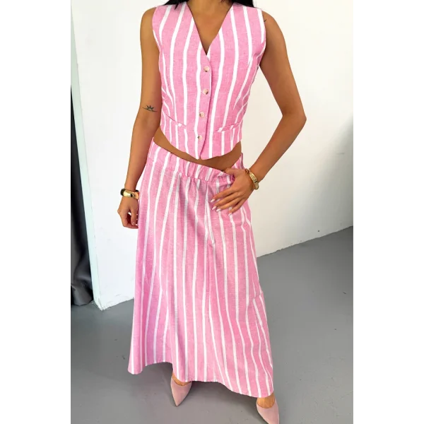 KETEN ÇİZGİLİ YELEK - UZUN ETEK TAKIM - Pembe