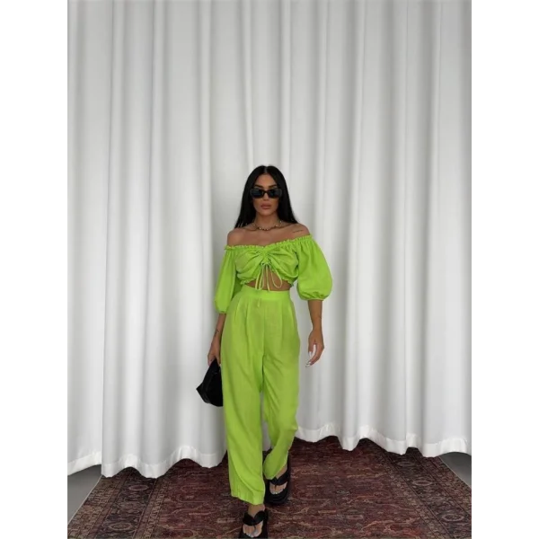 KETEN CROP BLUZ BÜZGÜ YAKA + PANTOLON TAKIM - Yeşil