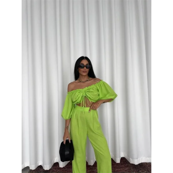 KETEN CROP BLUZ BÜZGÜ YAKA + PANTOLON TAKIM - Yeşil