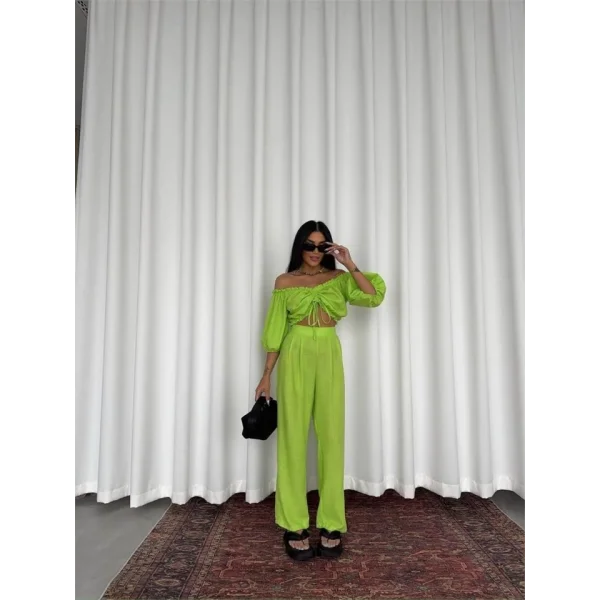 KETEN CROP BLUZ BÜZGÜ YAKA + PANTOLON TAKIM - Yeşil