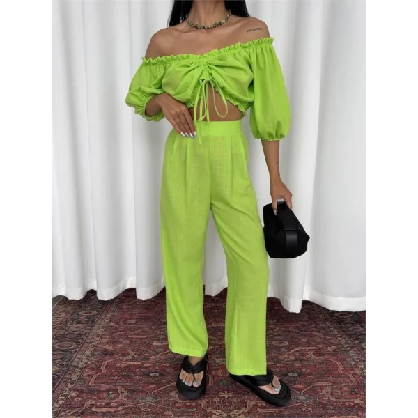 KETEN CROP BLUZ BÜZGÜ YAKA + PANTOLON TAKIM - Yeşil