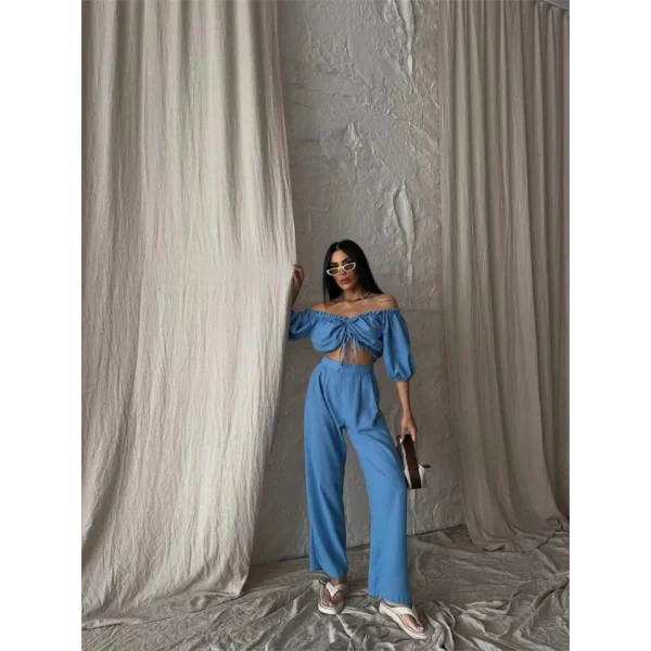 KETEN CROP BUZ BÜZGÜ YAKA + PANTOON TAKI  avi