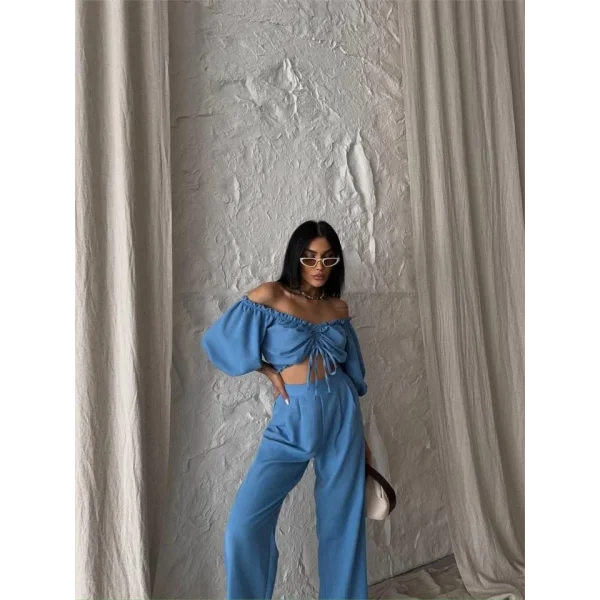 KETEN CROP BUZ BÜZGÜ YAKA + PANTOON TAKI  avi