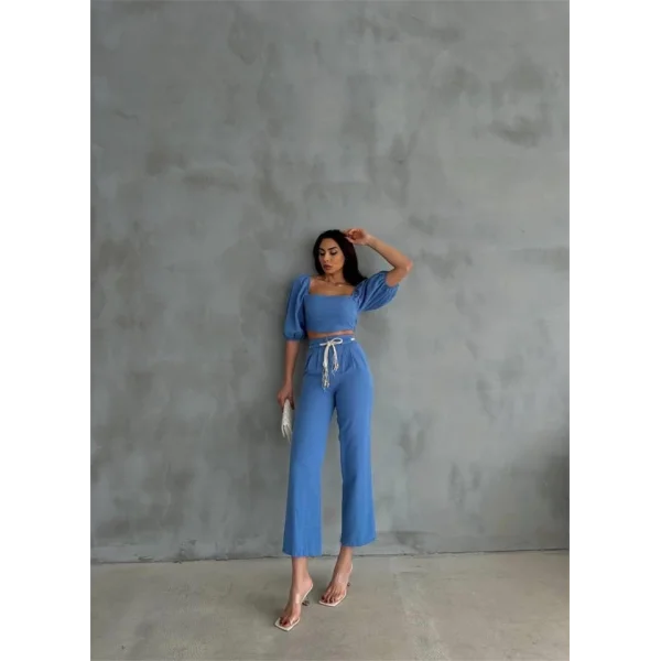 KETEN CROP KARPUZ KOL BLUZ-PANTOLON HASIR KEMERLİ - Mavi