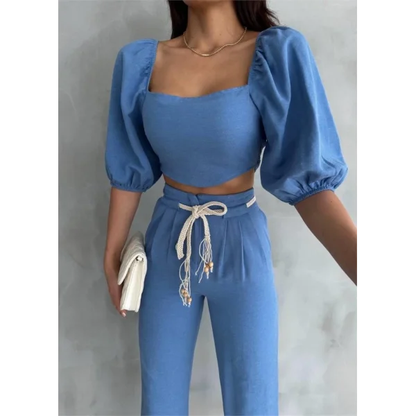 KETEN CROP KARPUZ KOL BLUZ-PANTOLON HASIR KEMERLİ - Mavi