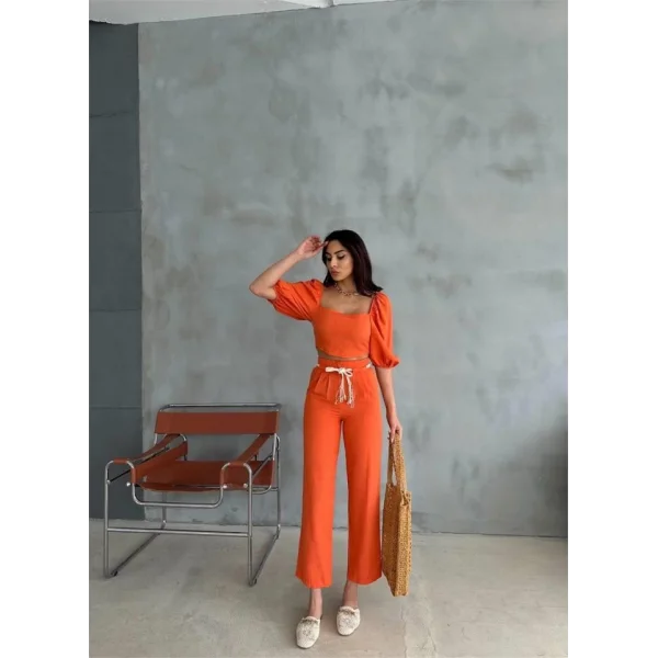 KETEN CROP KARPUZ KOL BLUZ-PANTOLON HASIR KEMERLİ - Orange