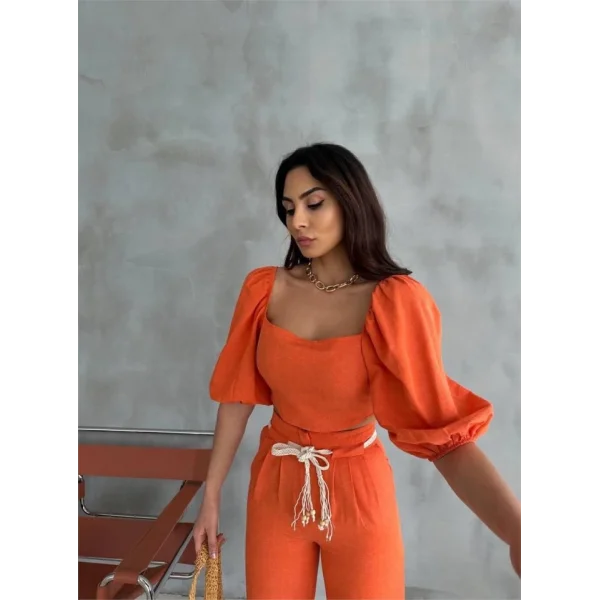 KETEN CROP KARPUZ KOL BLUZ-PANTOLON HASIR KEMERLİ - Orange