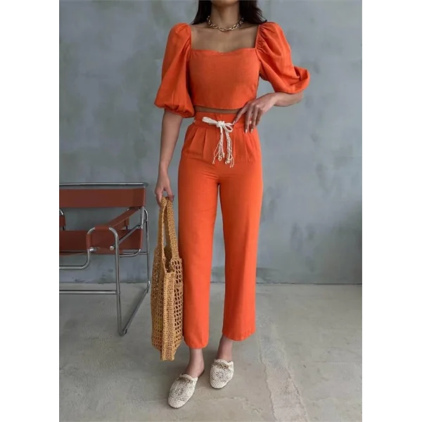 KETEN CROP KARPUZ KOL BLUZ-PANTOLON HASIR KEMERLİ - Orange