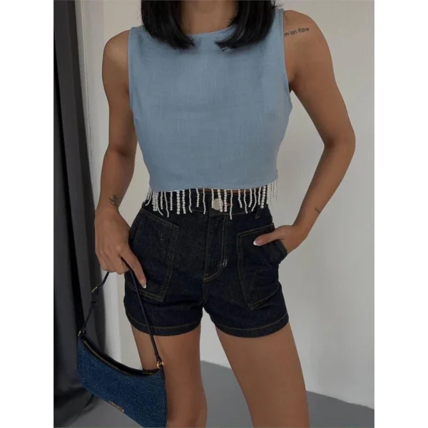 KETEN CROP KOLSUZ BLUZ SALLAMA TAŞLI - Mavi