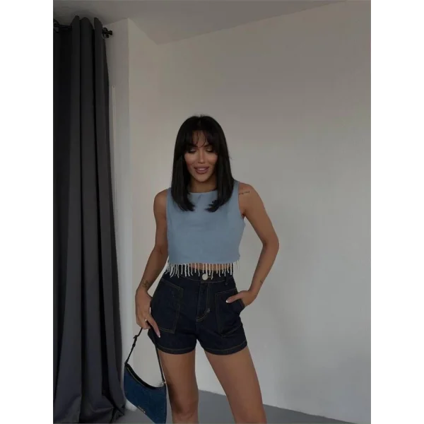 KETEN CROP KOLSUZ BLUZ SALLAMA TAŞLI - Mavi