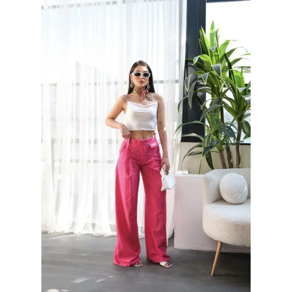 Keten Düğme Detayli Dökümlü Palazzo Pantolon