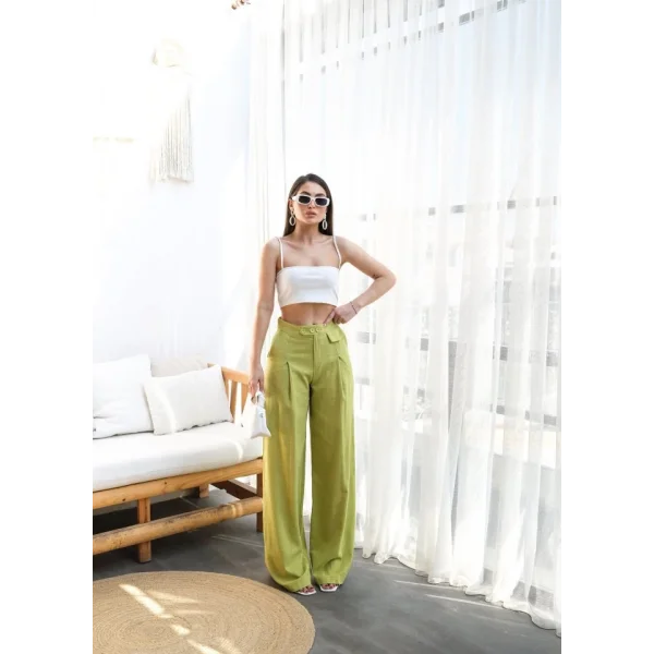 Keten Düğme Detayli Dökümlü Palazzo Pantolon