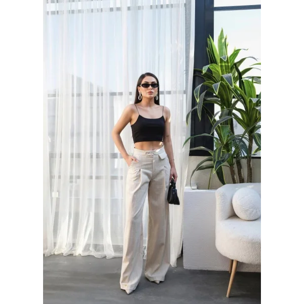 Keten Düğme Detayli Dökümlü Palazzo Pantolon