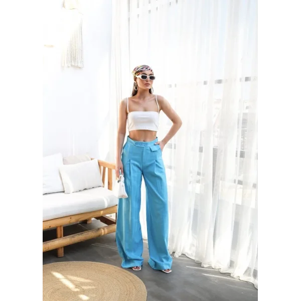 Keten Düğme Detayli Dökümlü Palazzo Pantolon