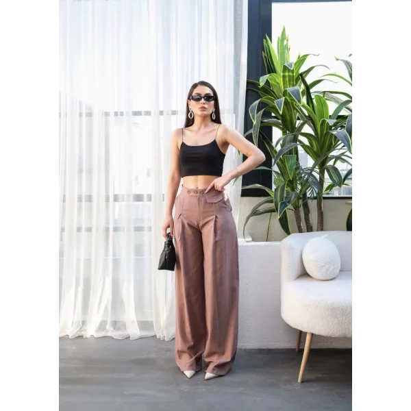 Keten Düğme Detayli Dökümlü Palazzo Pantolon