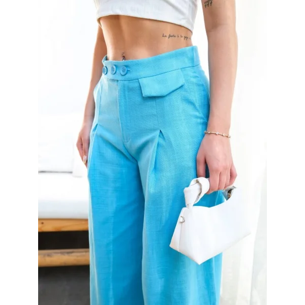 Keten Düğme Detayli Dökümlü Palazzo Pantolon