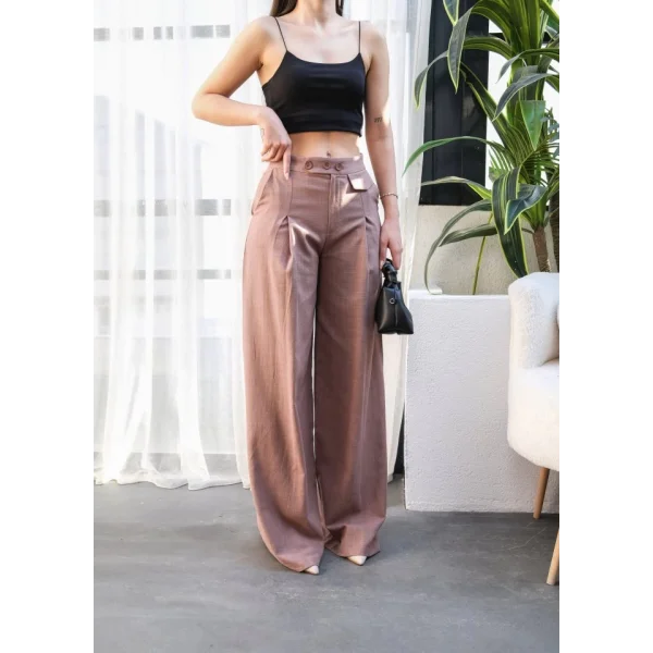 Keten Düğme Detayli Dökümlü Palazzo Pantolon