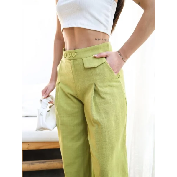 Keten Düğme Detayli Dökümlü Palazzo Pantolon