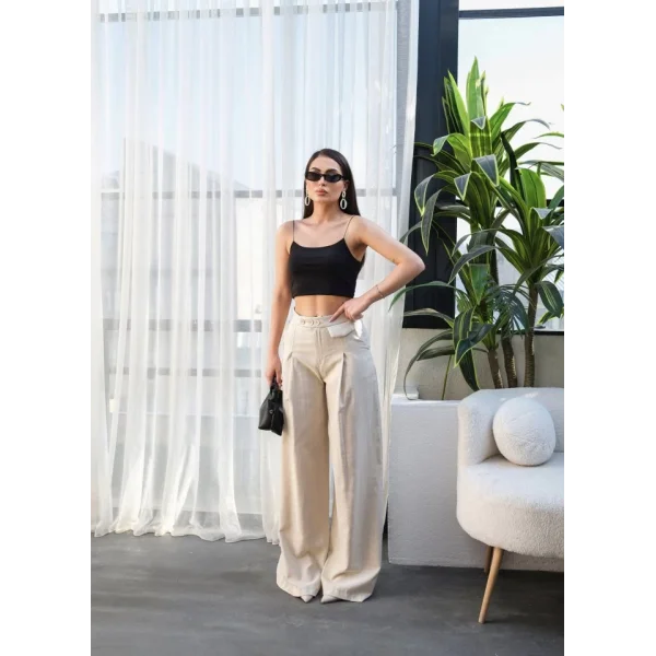 Keten Düğme Detayli Dökümlü Palazzo Pantolon