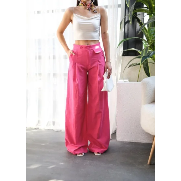 Keten Düğme Detayli Dökümlü Palazzo Pantolon