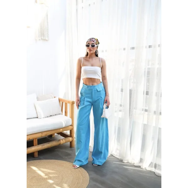 Keten Düğme Detayli Dökümlü Palazzo Pantolon