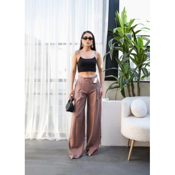 Keten Düğme Detayli Dökümlü Palazzo Pantolon