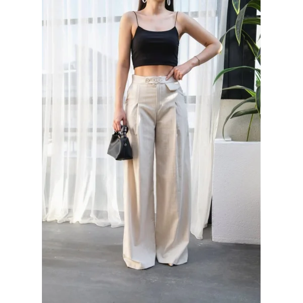 Keten Düğme Detayli Dökümlü Palazzo Pantolon