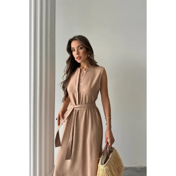KETEN ELBİSE KOLSUZ BEL BAĞLAMALI MAXİ ELBİSE - Kahverengi