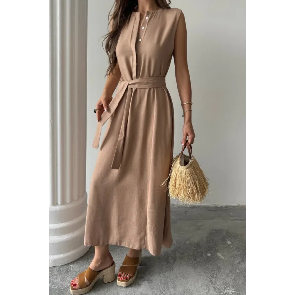 KETEN ELBİSE KOLSUZ BEL BAĞLAMALI MAXİ ELBİSE - Kahverengi