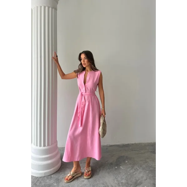 KETEN ELBİSE KOLSUZ BEL BAĞLAMALI MAXİ ELBİSE - Pembe