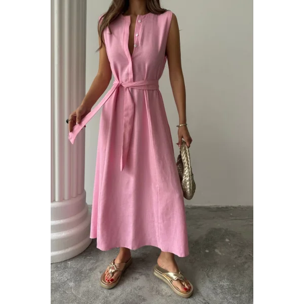 KETEN ELBİSE KOLSUZ BEL BAĞLAMALI MAXİ ELBİSE - Pembe