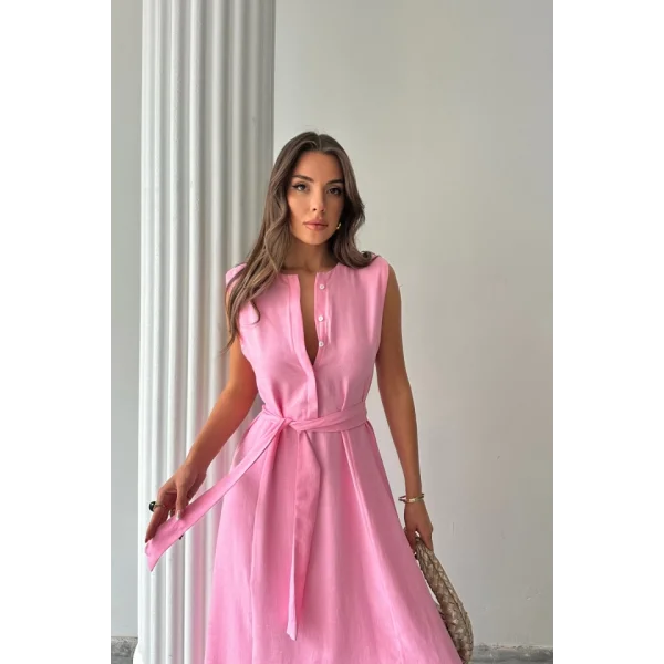 KETEN ELBİSE KOLSUZ BEL BAĞLAMALI MAXİ ELBİSE - Pembe