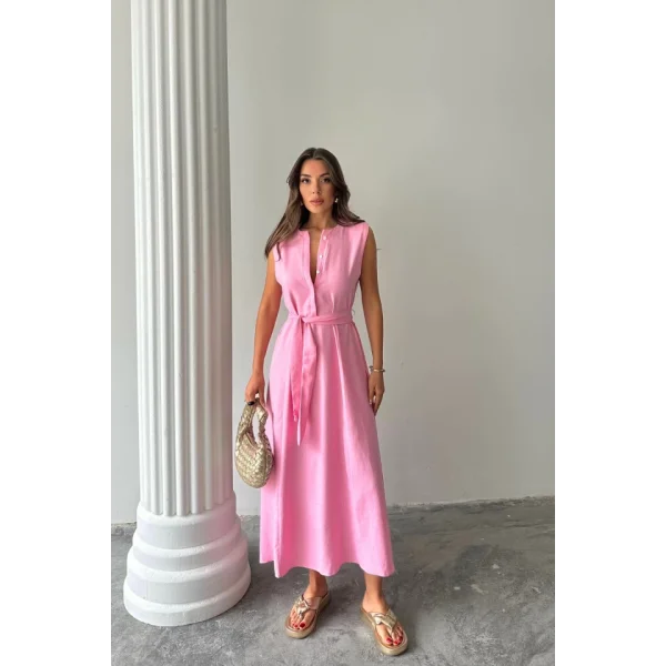 KETEN ELBİSE KOLSUZ BEL BAĞLAMALI MAXİ ELBİSE - Pembe
