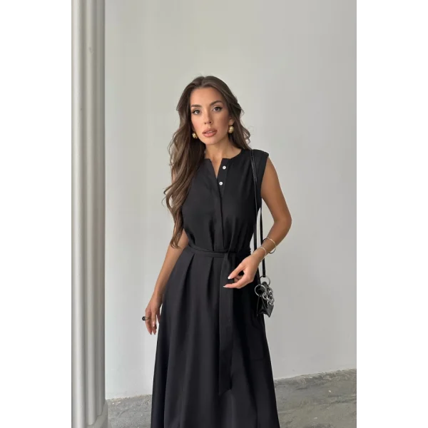 KETEN ELBİSE KOLSUZ BEL BAĞLAMALI MAXİ ELBİSE - Siyah