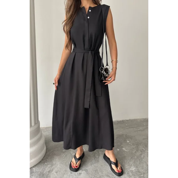 KETEN ELBİSE KOLSUZ BEL BAĞLAMALI MAXİ ELBİSE - Siyah