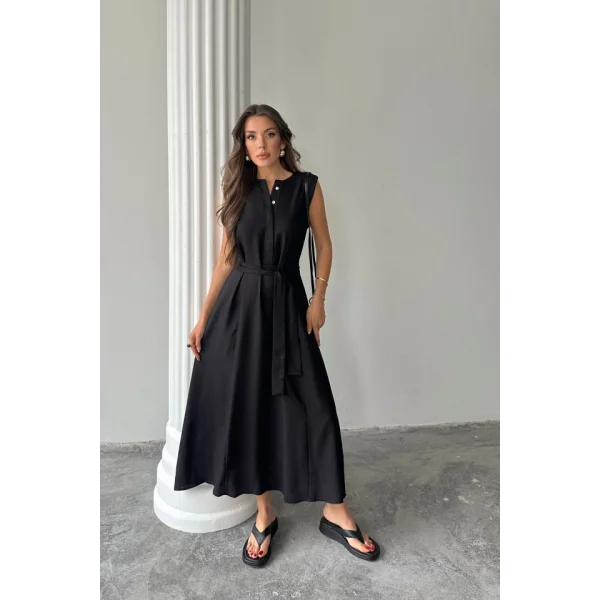 KETEN ELBİSE KOLSUZ BEL BAĞLAMALI MAXİ ELBİSE - Siyah