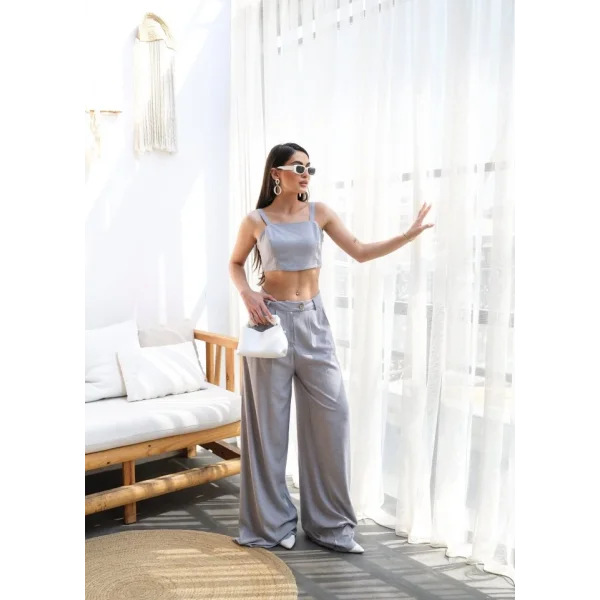 Keten Gi̇peli̇ Crop Ve Pantolon İki̇li̇ Takim