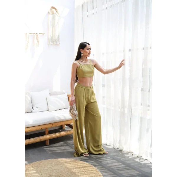 Keten Gi̇peli̇ Crop Ve Pantolon İki̇li̇ Takim