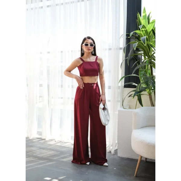 Keten Gi̇peli̇ Crop Ve Pantolon İki̇li̇ Takim