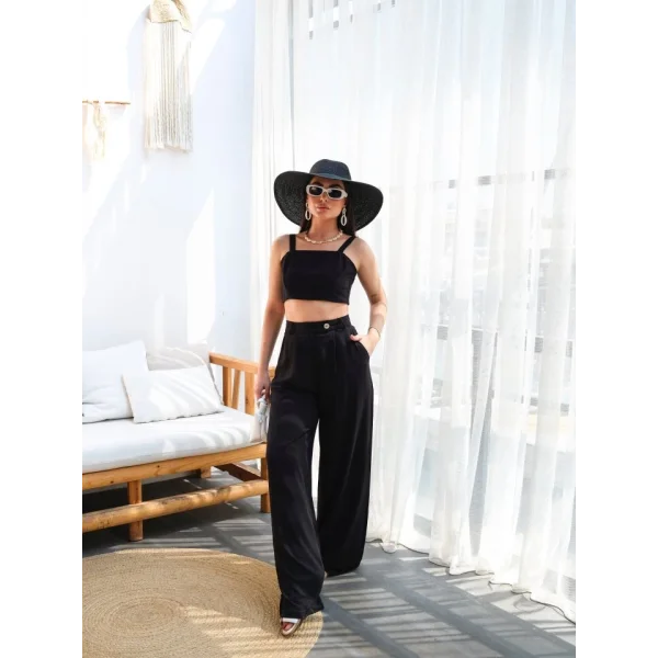 Keten Gi̇peli̇ Crop Ve Pantolon İki̇li̇ Takim