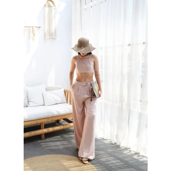 Keten Gi̇peli̇ Crop Ve Pantolon İki̇li̇ Takim