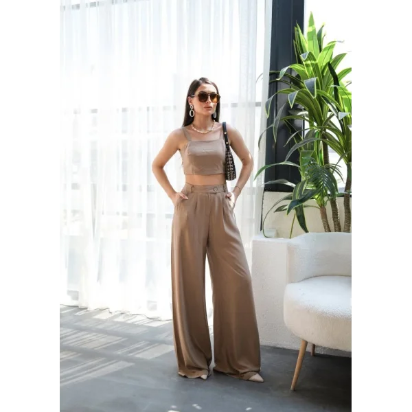 Keten Gi̇peli̇ Crop Ve Pantolon İki̇li̇ Takim