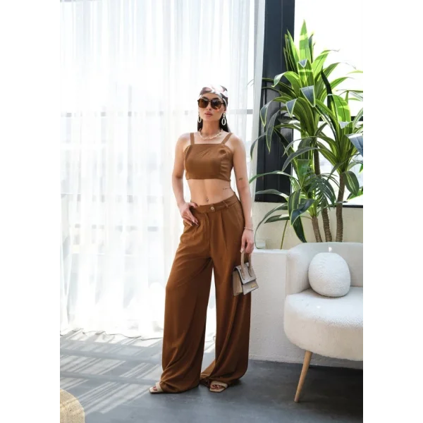 Keten Gi̇peli̇ Crop Ve Pantolon İki̇li̇ Takim