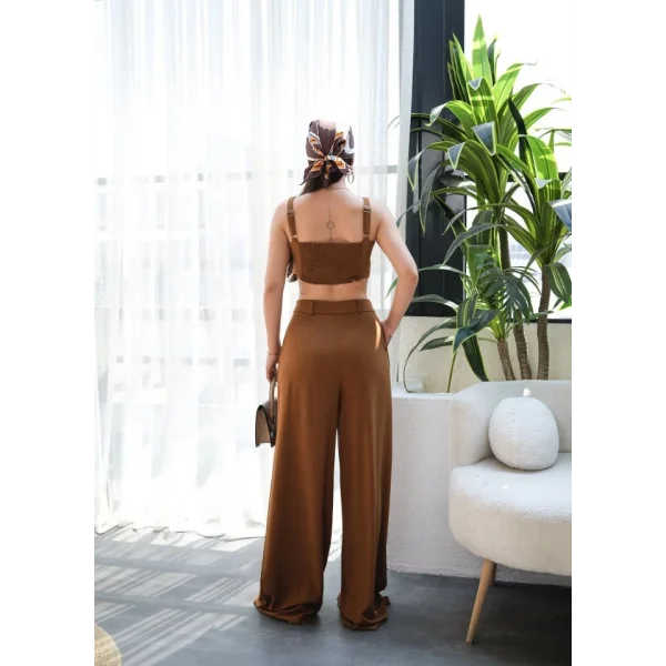 Keten Gi̇peli̇ Crop Ve Pantolon İki̇li̇ Takim