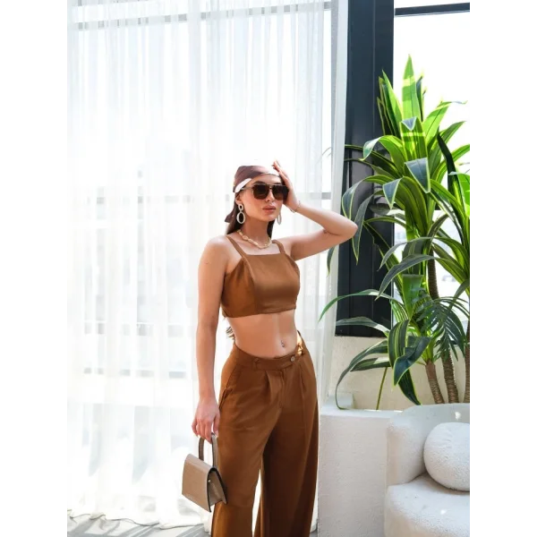 Keten Gi̇peli̇ Crop Ve Pantolon İki̇li̇ Takim