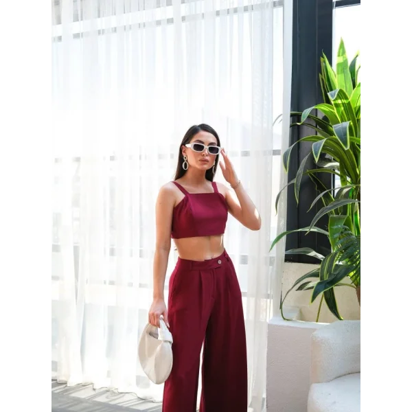 Keten Gi̇peli̇ Crop Ve Pantolon İki̇li̇ Takim