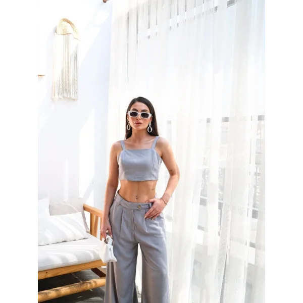 Keten Gi̇peli̇ Crop Ve Pantolon İki̇li̇ Takim