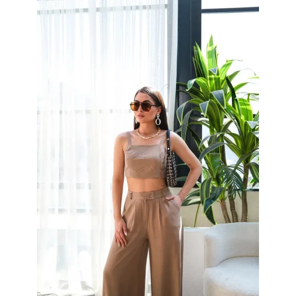 Keten Gi̇peli̇ Crop Ve Pantolon İki̇li̇ Takim